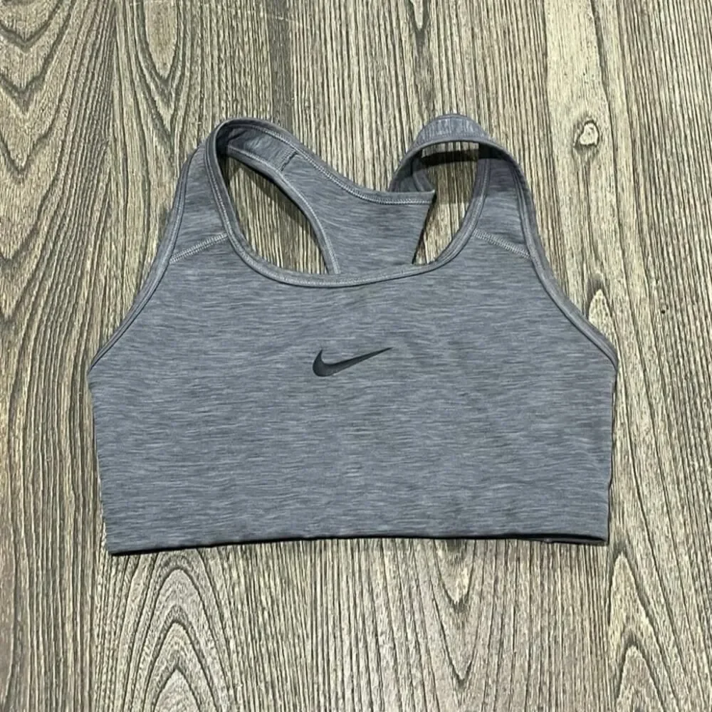 Nike Womens Dri-Fit Sports Bra Raceback Swoosh Logo Print Pullover Gray Size M
